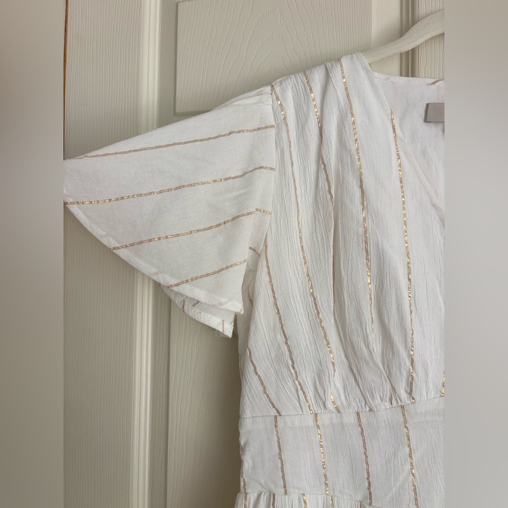 LOFT Cream Smocked Wrap Midi Dress Size Large - Picture 3 of 4